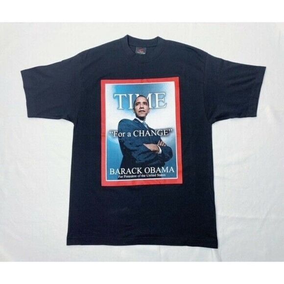 Vintage Y2K Barack Obama Election T-Shirt Black Large Time For Change Yes We Can - Picture 1 of 7